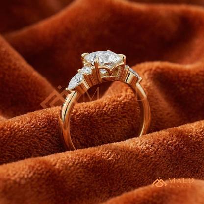 Oval Cut Engagement Ring with Pear and Round Cluster Band in Silver, 14K Gold, & 14K Rose Gold