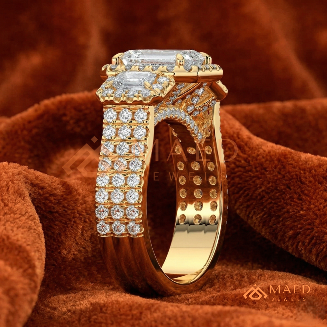 Three-Stone Emerald Cut Halo Engagement Ring | Triple Row Pave Band in 14K Gold & Silver