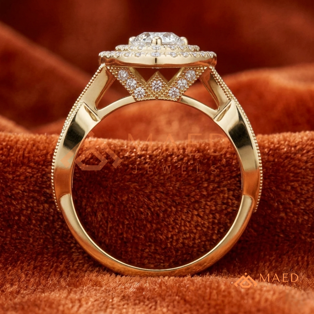 Double Halo Pear Cut Engagement Ring with Twisted Pave Band