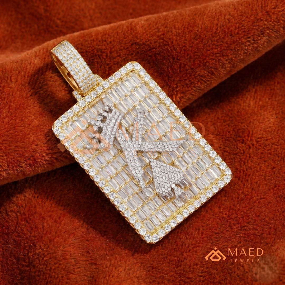 Iced Out King of Spades Dog Tag Pendant – 14K Gold, Rose Gold & Silver Baguette Custom "K" Charm