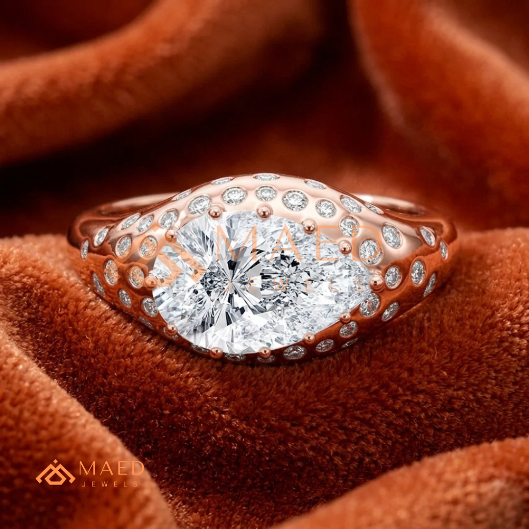 East-West Pear Cut Engagement Ring | Flush Setting Pave Dome Band in 14K Gold, Rose Gold & Silver