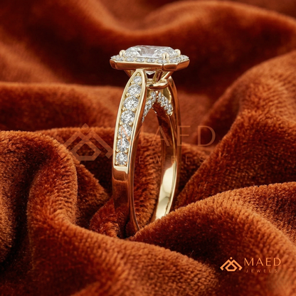 Radiant Cut Rectangular Halo Engagement Ring with Twisted Pavé Band