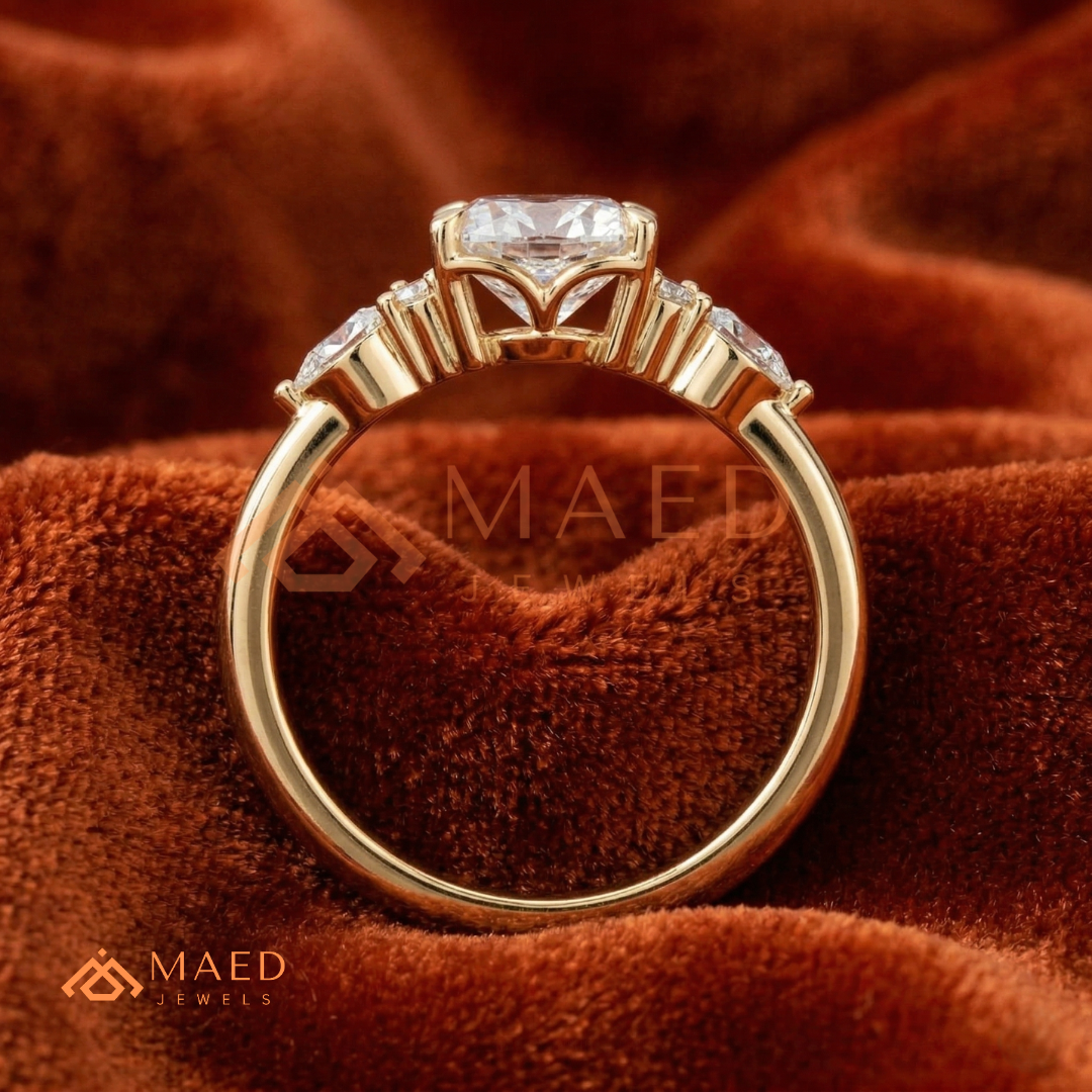 Oval Cut Cluster Engagement Ring | Pear & Round Side Stones in 14K Gold & Silver