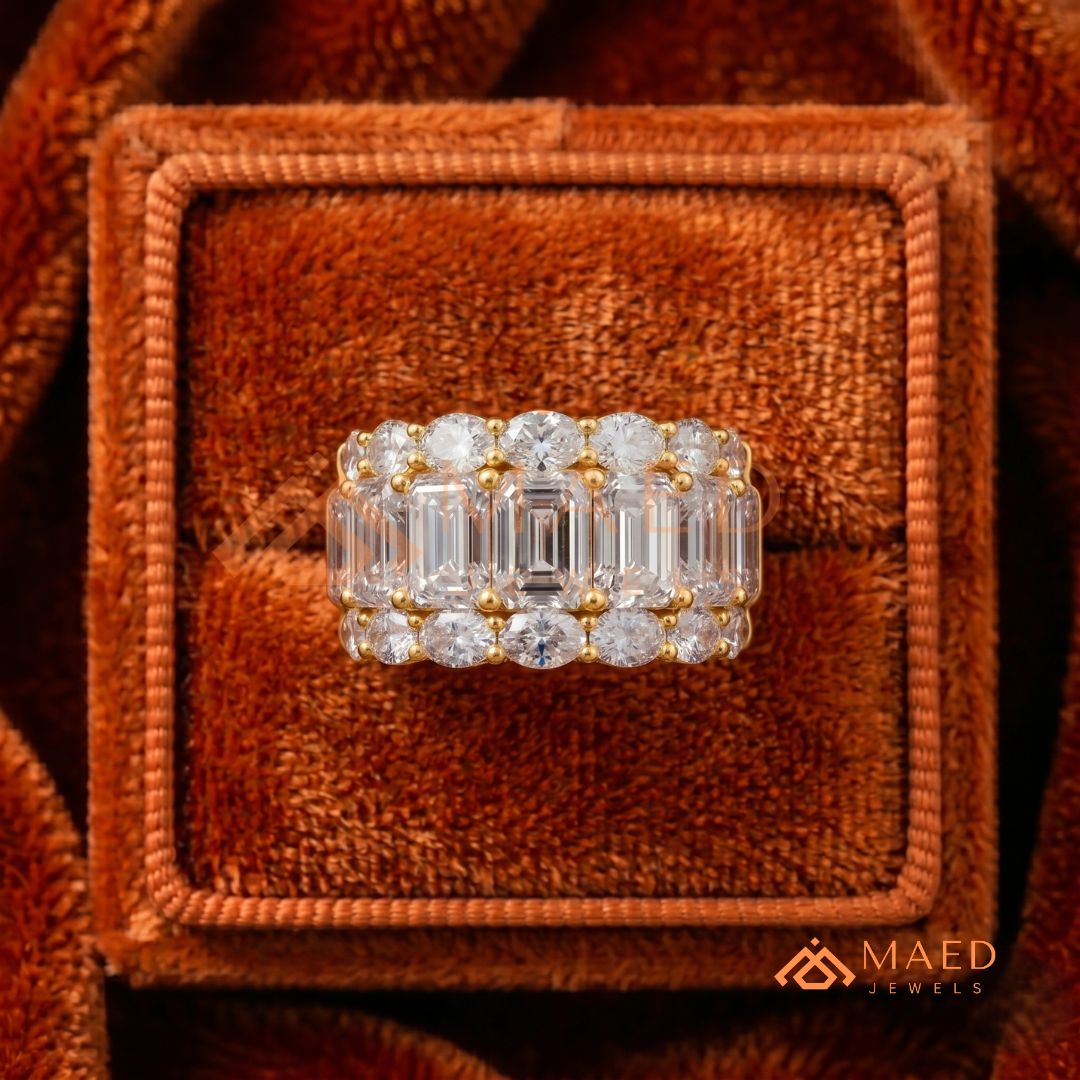 The Empress Triple-Row Ring | Vertical Emerald & Oval Cut Cocktail Band
