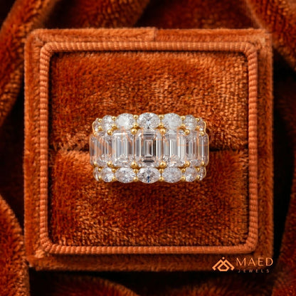 The Empress Triple-Row Ring | Vertical Emerald & Oval Cut Cocktail Band