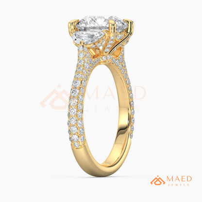 Round Brilliant and Half Moon Three Stone Ring | Multi-Row Pavé Band in 14k Gold & Silver