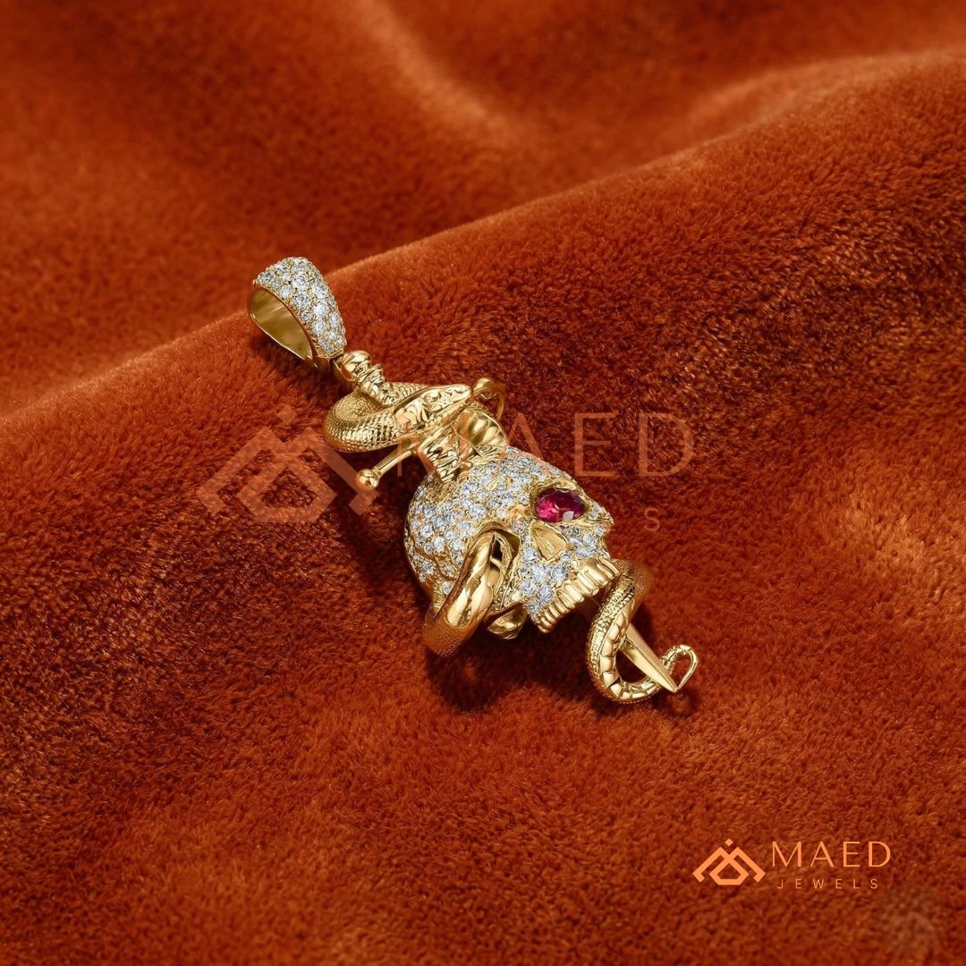 Fully Flooded Skull & Serpent Statement Charm – Ruby Red Eye Hip Hop Pendant