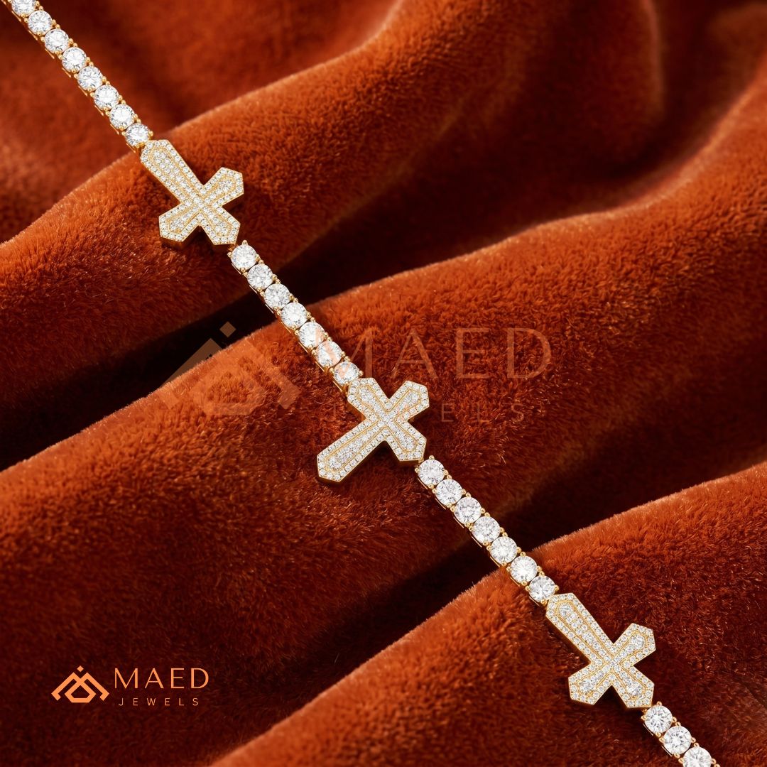 Multi-Cross Iced Tennis Bracelet – Sterling Silver, Gold & Rose Gold
