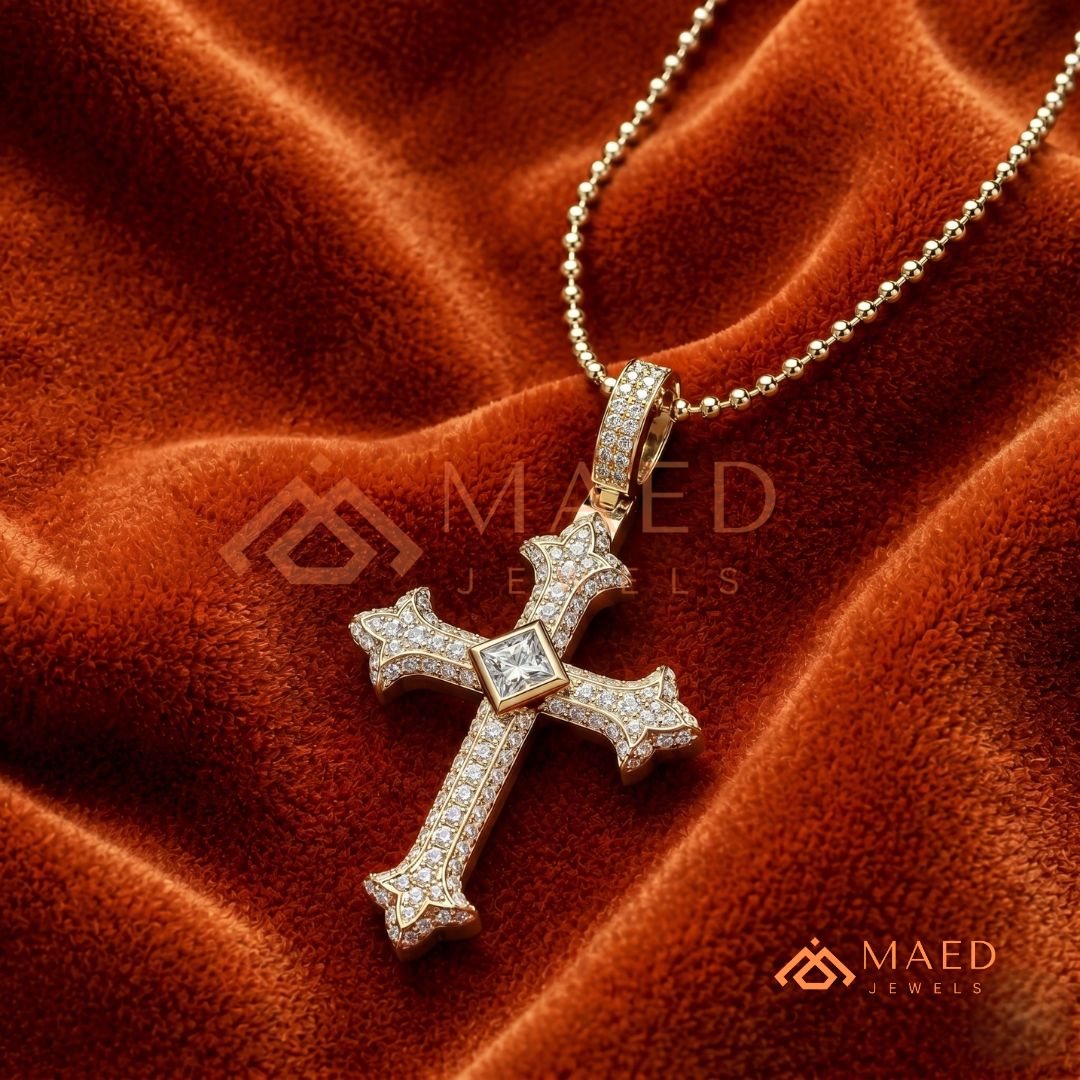 The Monarch Princess-Cut Cross | Royal Fleur-De-Lis Pave Crucifix Pendant