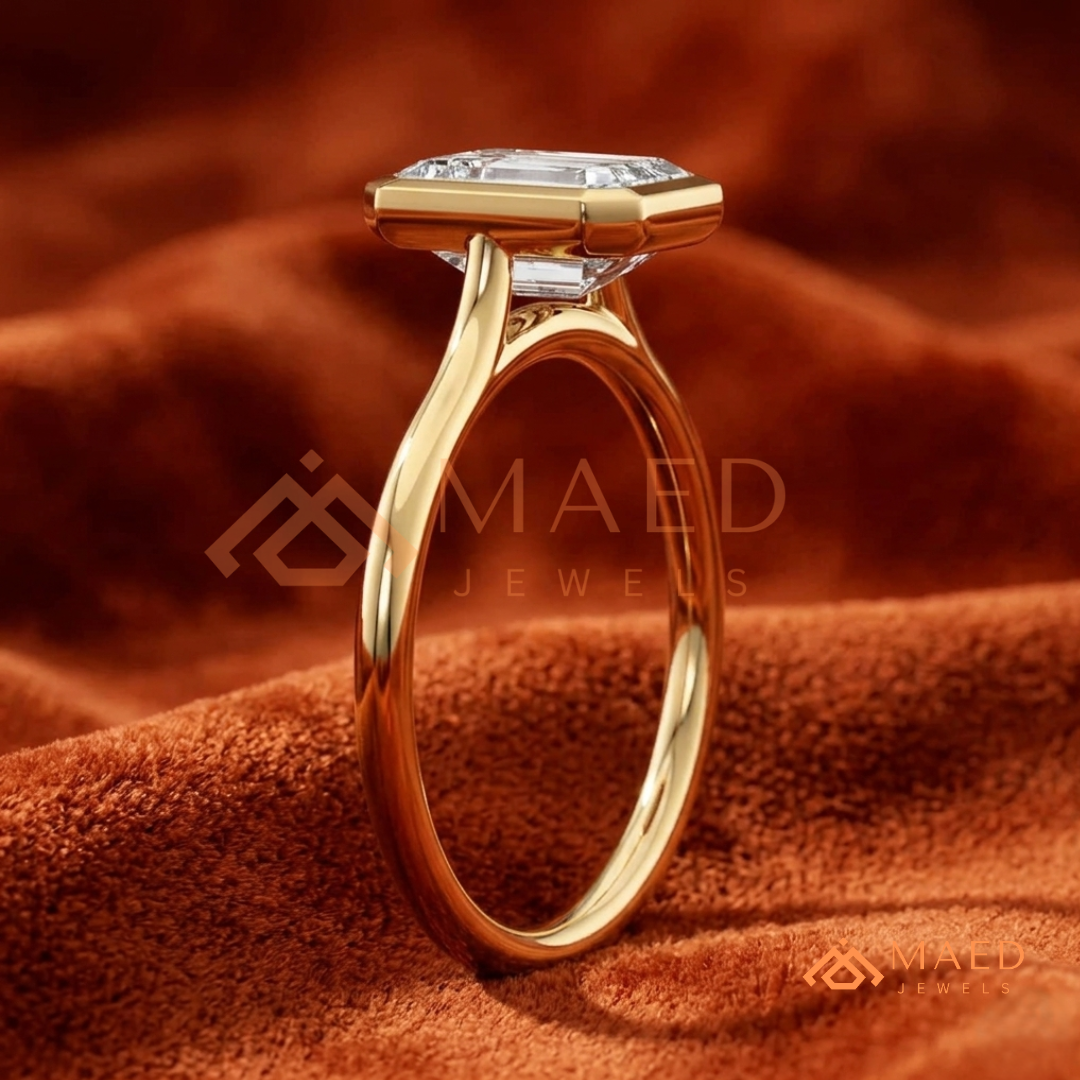 Modern Emerald Cut Solitaire Bezel Engagement Ring in Silver, 14K Gold & Rose Gold