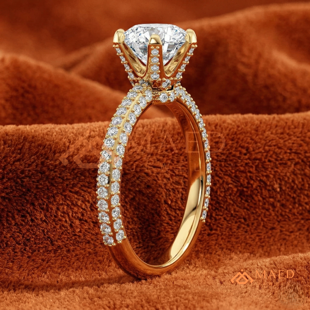 Oval Cut Engagement Ring | Triple Row Micro Pave Band in 14K Gold & Sterling Silver
