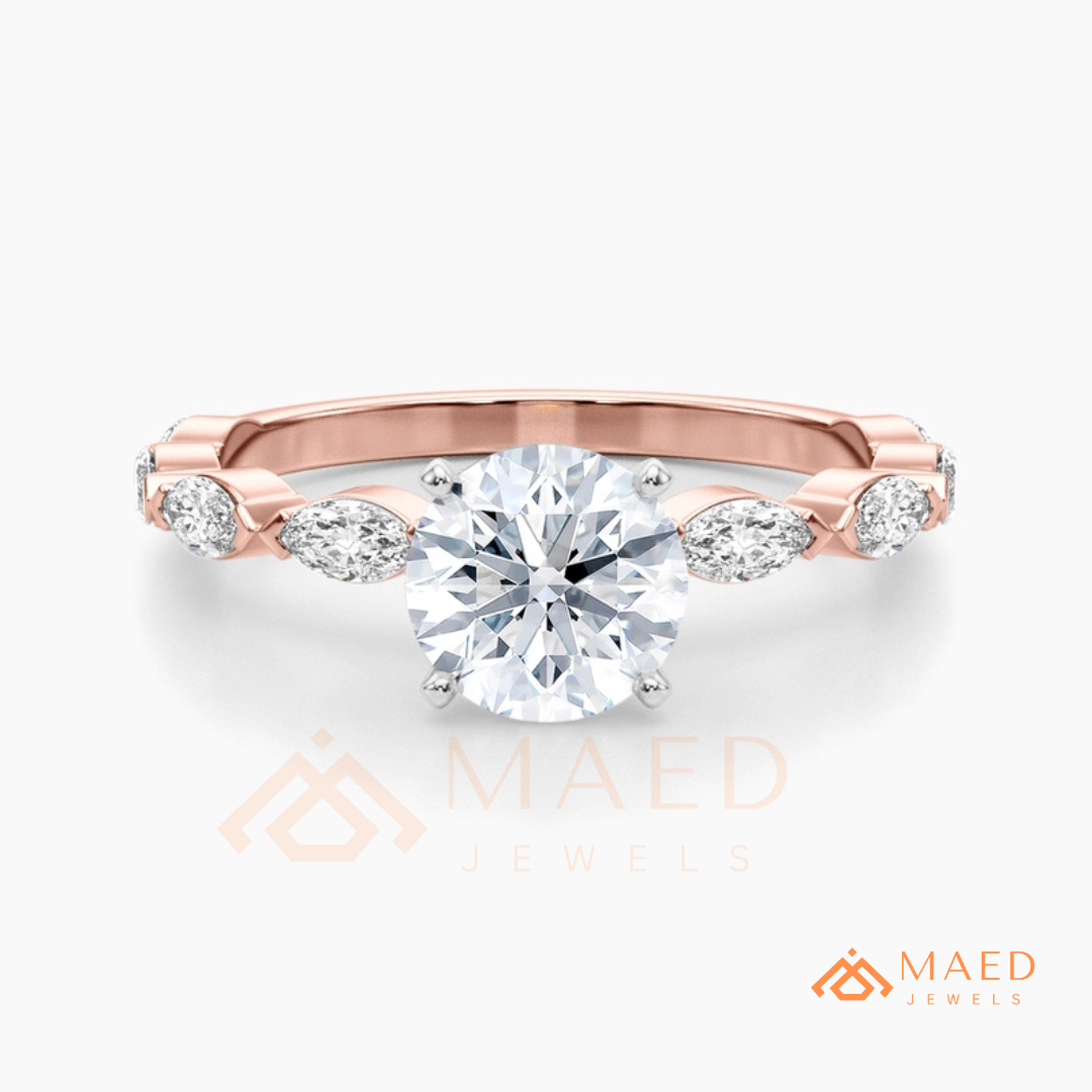 Round Cut Engagement Ring with Marquise Accent Cluster Band in 14K Gold, Rose Gold & Silver