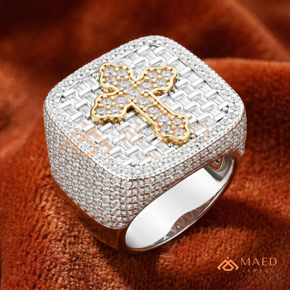 Heavy Square Iced Baguette Cross Ring – 925 Silver, 14K Gold & Rose Gold