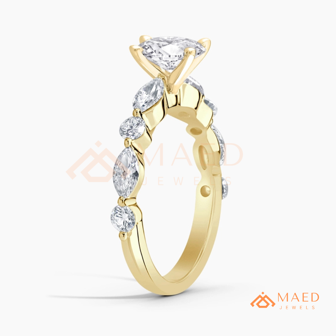 Round Cut Engagement Ring with Marquise Accents in Sterling Silver, 14K Gold & 14K Rose Gold