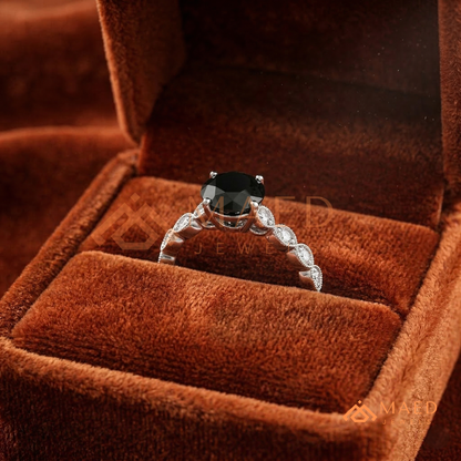 Art Deco Black Stone Ring with Milgrain Marquise Band – Silver, 14K Yellow & Rose Gold
