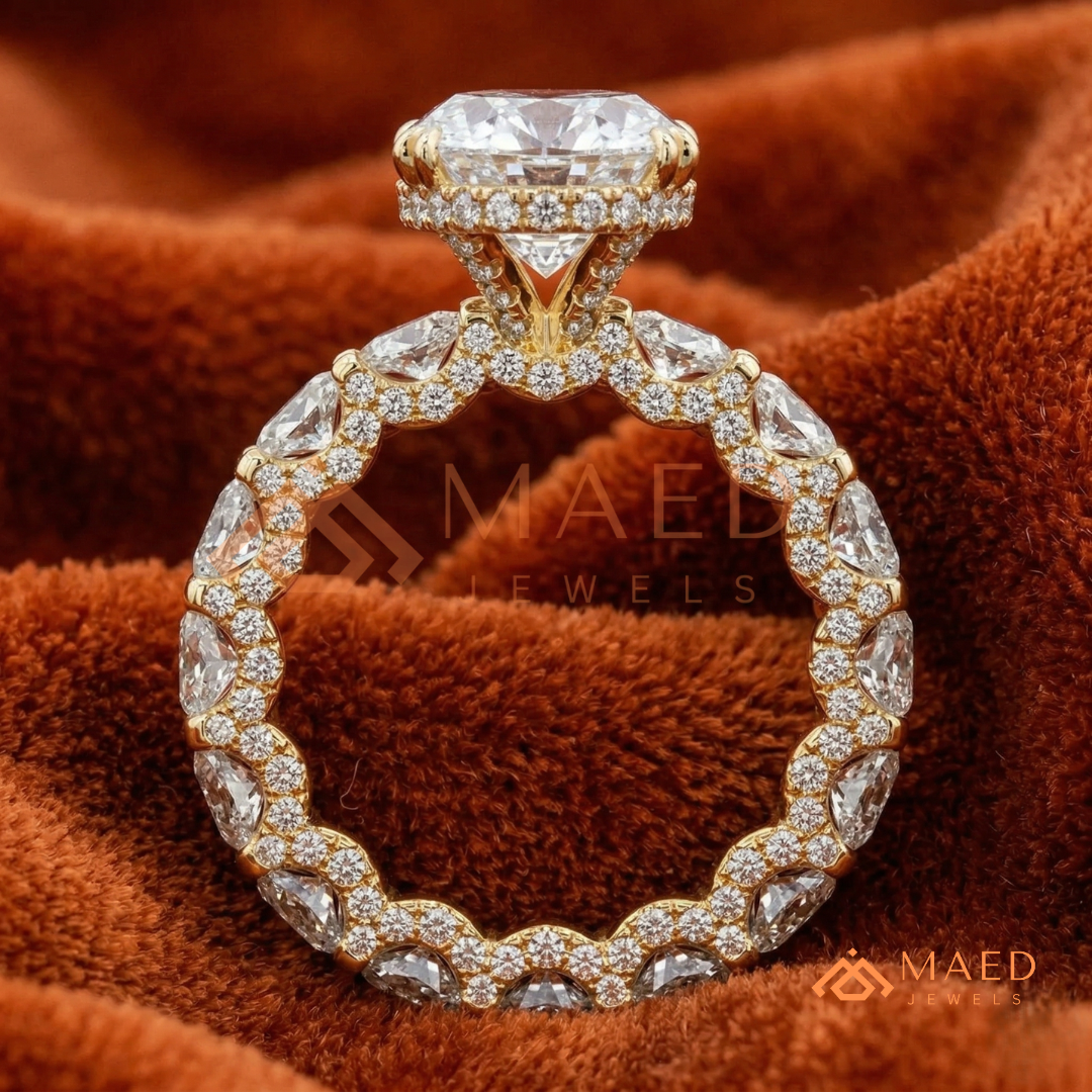 Elongated Oval Cut Engagement Ring with Full Oval Eternity Band | 14k Gold & Silver