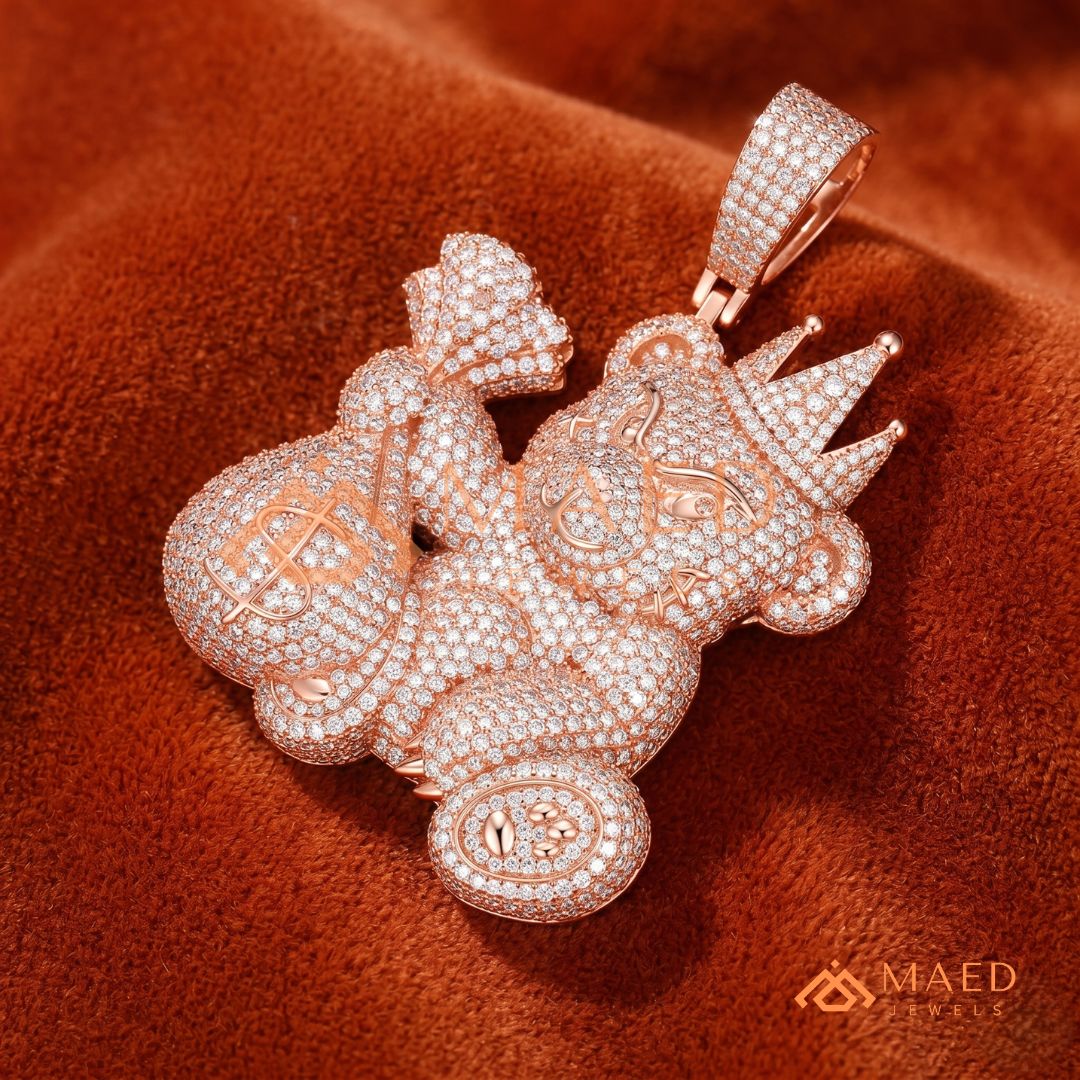 Fully Flooded 3D Money Bear Charm – Rich Teddy Stacks Pendant