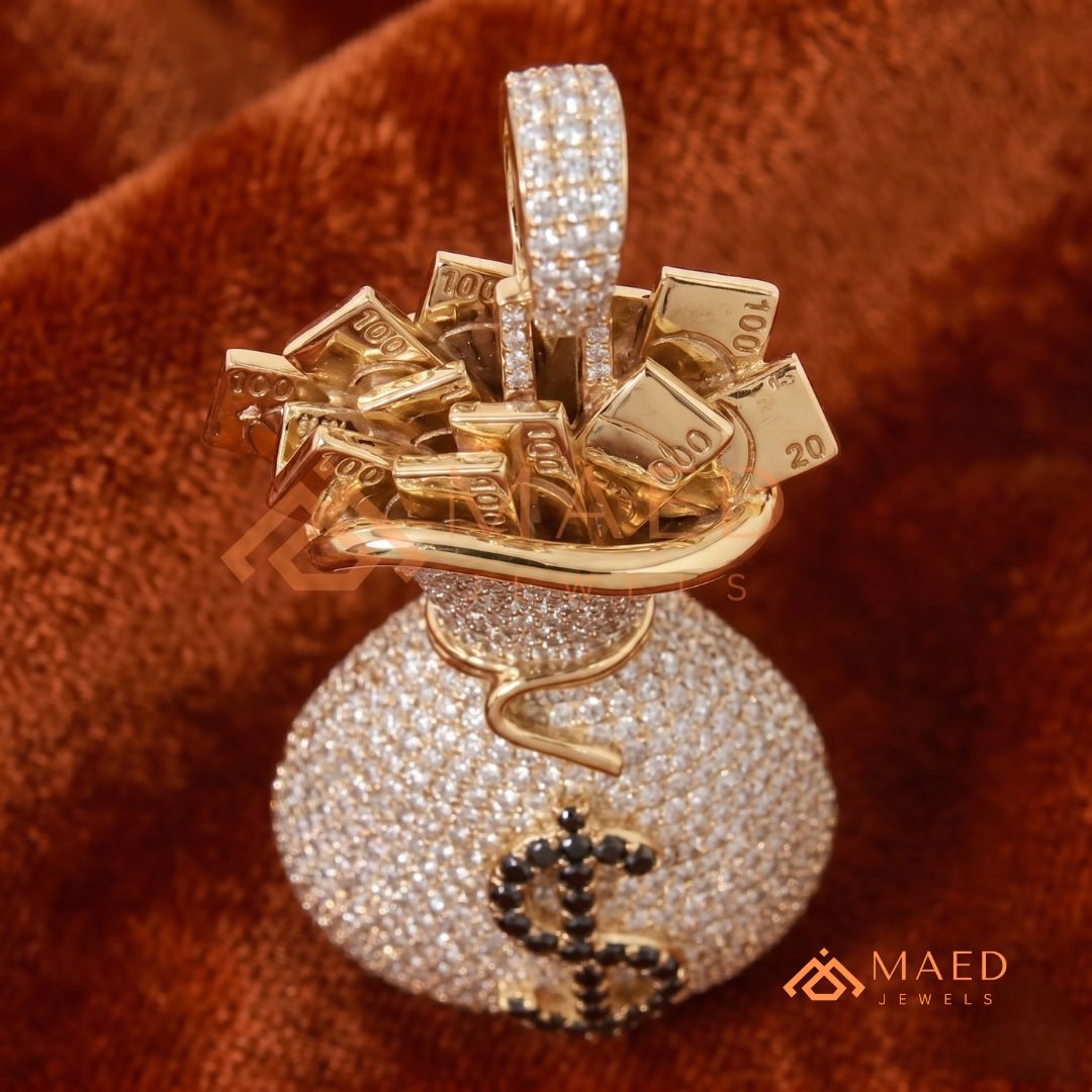 Iced Out Money Bag Pendant with Dollar Sign in Silver, 14K Yellow & Rose Gold