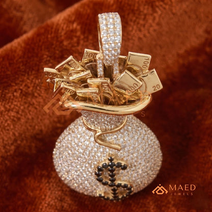 Iced Out Money Bag Pendant with Dollar Sign in Silver, 14K Yellow & Rose Gold