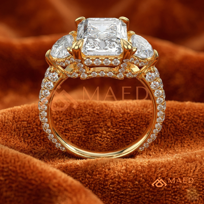 Classic Radiant Cut Three-Stone Engagement Ring with Half-Moon Side Stones in Silver, 14K Gold & Rose Gold
