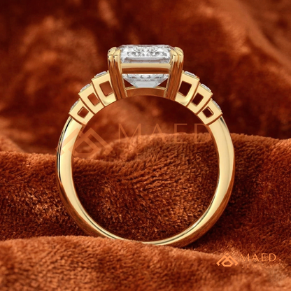 Radiant Cut Rectangular Halo Ring with Dome Triple-Row Pavé Band
