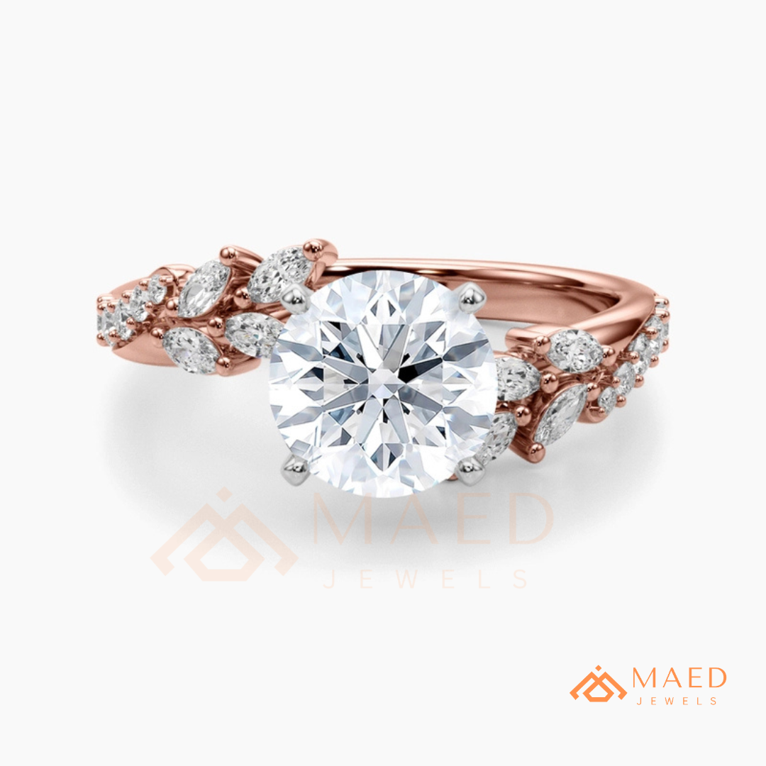 Round Cut Moissanite Nature Inspired Engagement Ring in 925 Sterling Silver, 14K Gold & 14K Rose Gold | Marquise Leaf Cluster Twisting Wedding Ring