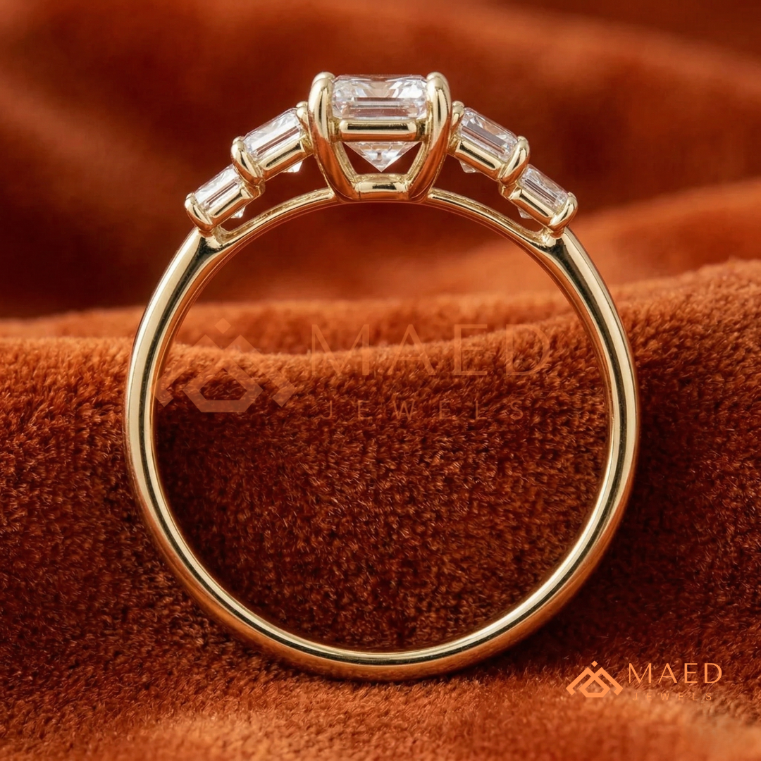Five-Stone Emerald Cut Diamond Simulant Ring (14k White, Yellow, Rose Gold & Sterling Silver)