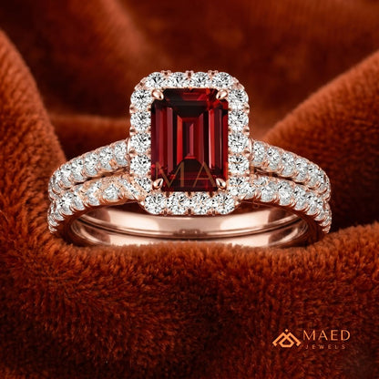 Vintage Emerald Cut Garnet Engagement Ring Set – Pavé Diamond Halo Band