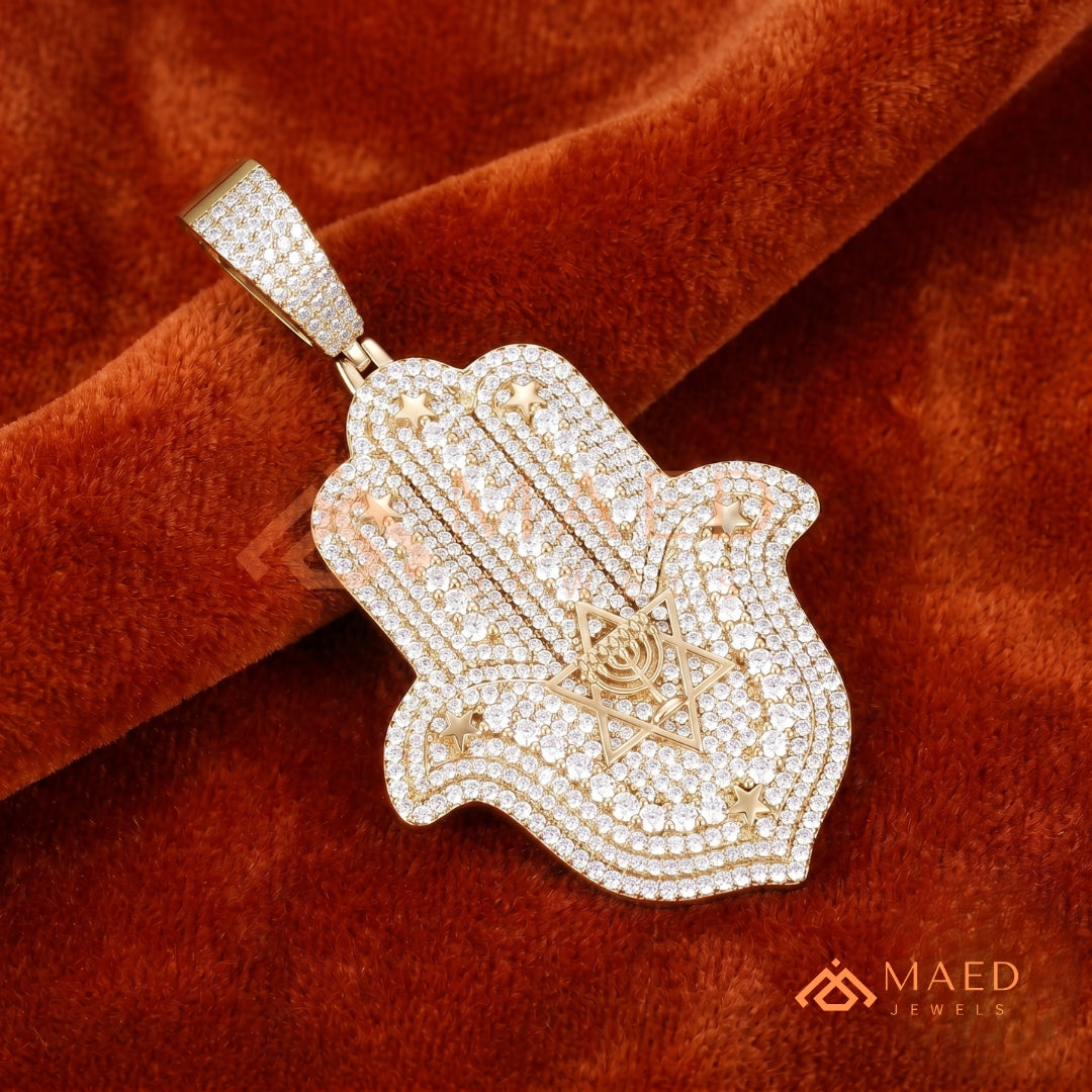 Iced Out Hamsa Hand Pendant Necklace | Sterling Silver, 14K Gold & Rose Gold