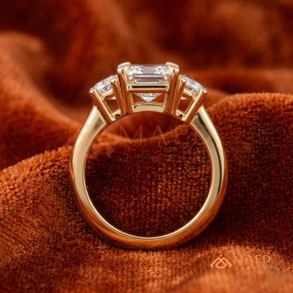 Emerald Cut Three Stone Engagement Ring | Half Moon Side Stones in 14K Gold & Silver