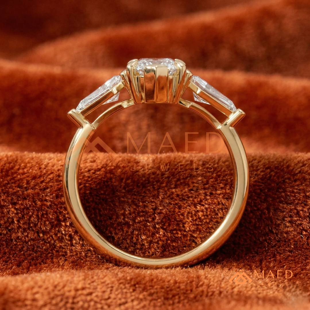 Marquise Cut Three Stone Ring with Kite Side Diamonds | 14k Gold, Rose Gold & Silver