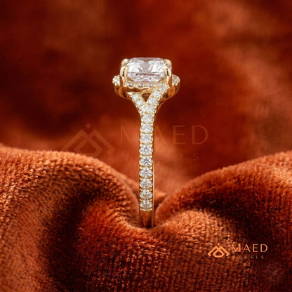 Cushion Cut Moissanite Bypass Halo Engagement Ring in Sterling Silver, 14K White Gold & Rose Gold | Criss Cross Diamond Simulant Wedding Ring