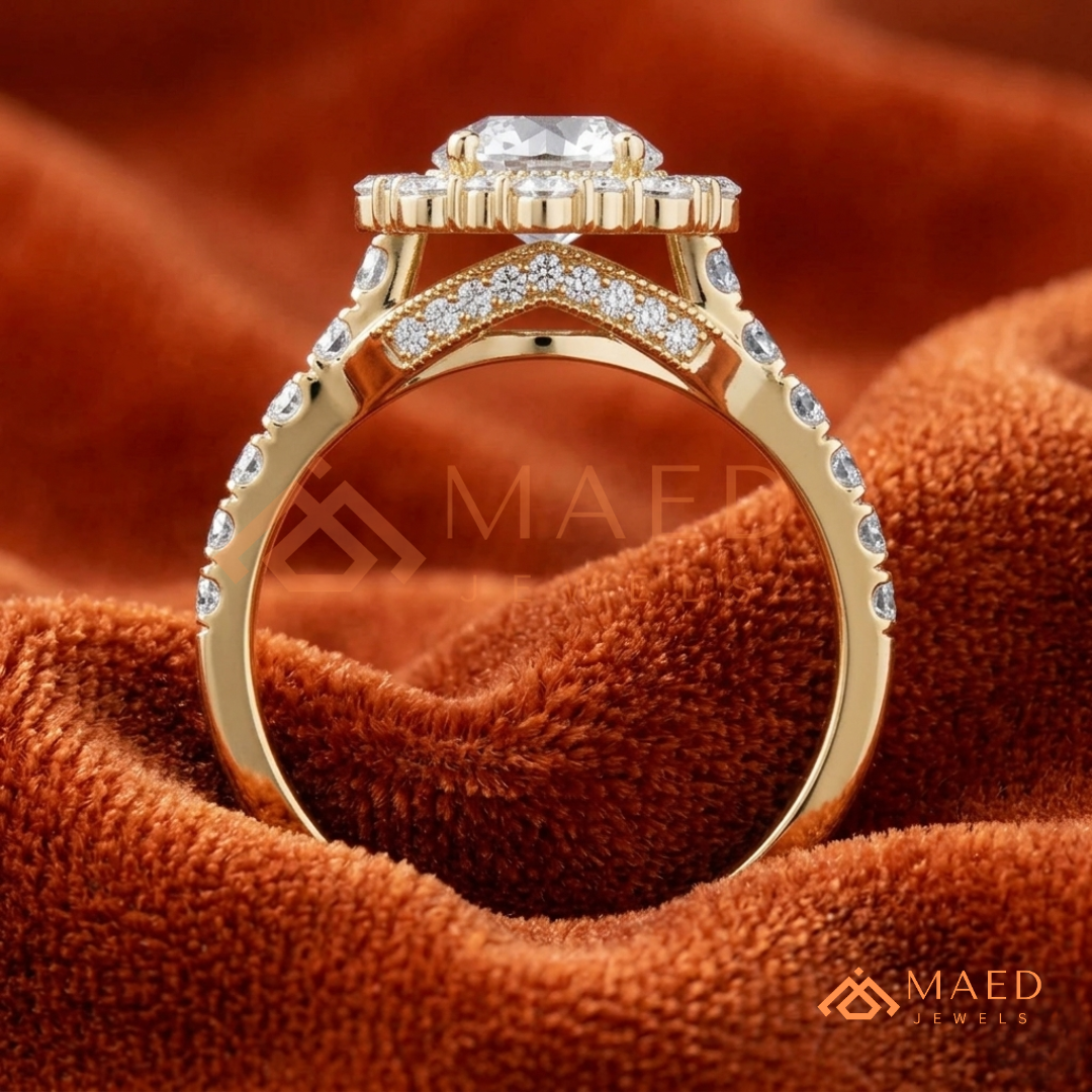 Round-Cut Halo Engagement Ring with Marquise-Accented Side Stones