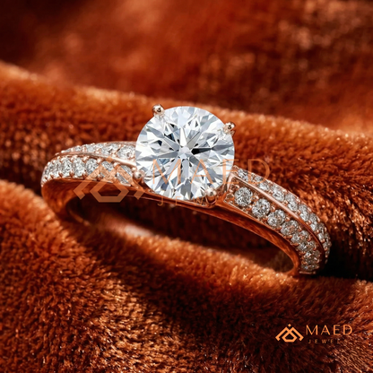 Round Brilliant Cut Ring with Double Row Pavé Band | 14k Gold, Rose Gold & Silver