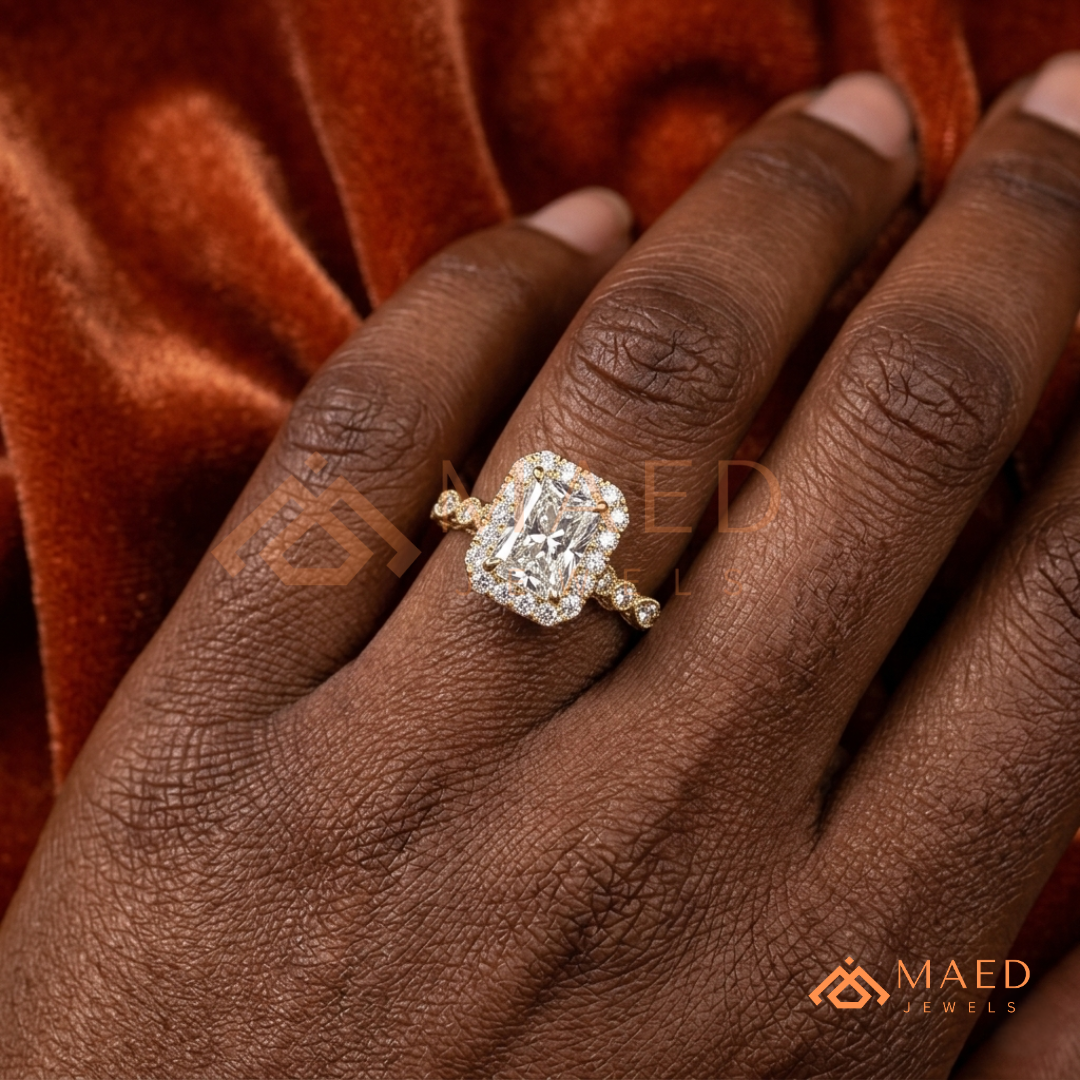 Radiant Halo Vintage-Style Engagement Ring – Ornate Vine Band