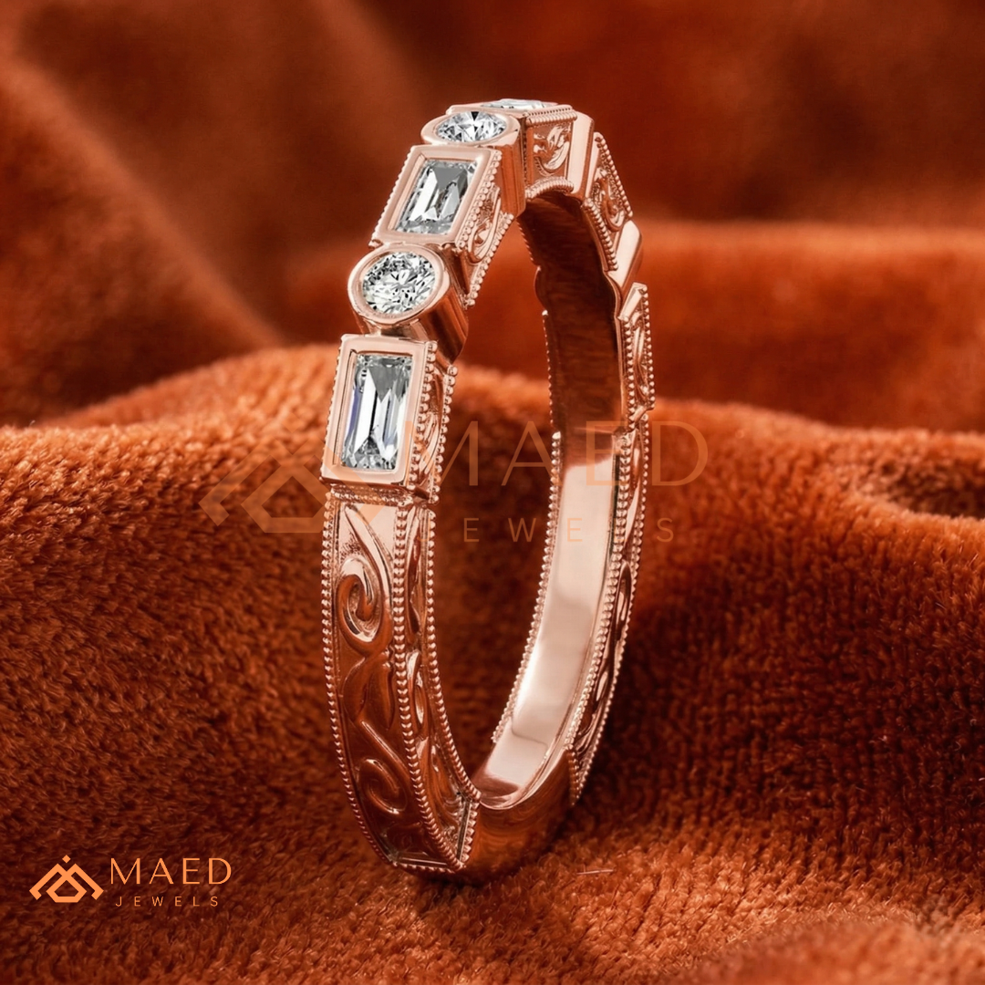 Vintage Alternating Baguette and Round Cut Diamond Wedding Band in Sterling Silver & 14K Gold