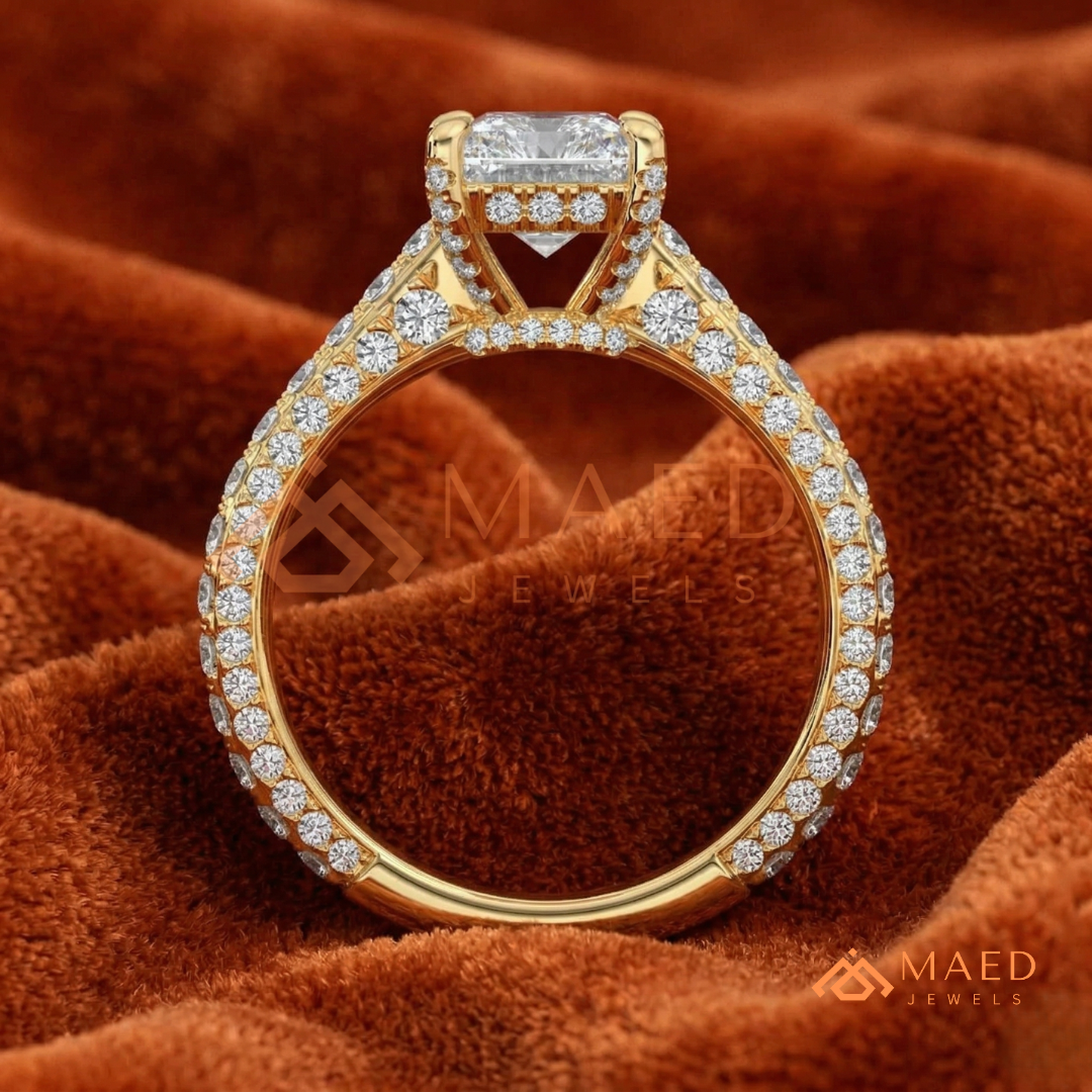 Radiant Cut Engagement Ring with Three-Row Pavé Band | 14k Gold, Rose Gold & Silver