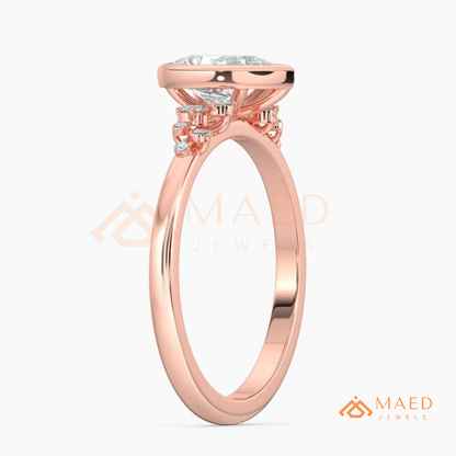 Pear Cut Bezel Set Engagement Ring with Cluster Accent Diamonds in 14K Gold, Rose Gold & Silver