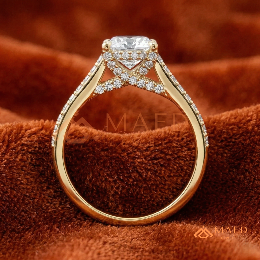 Oval Cut Engagement Ring with Pavé Diamond Band in 14K Gold, Rose Gold & Silver
