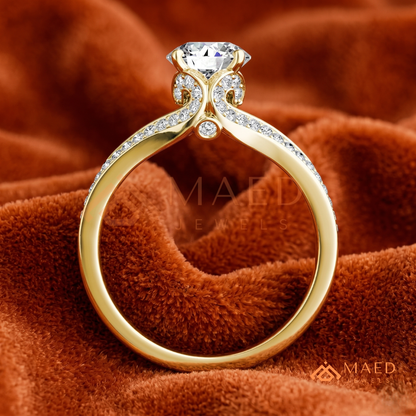 Round Brilliant Cut Split Shank Cathedral Engagement Ring in 14K Gold, Rose Gold & Silver | Vintage-Inspired Pave Accent Ring for Women