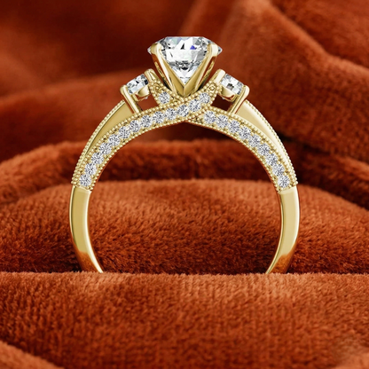 Round-Cut Three-Stone Engagement Ring with Milgrain Channel-Set Band