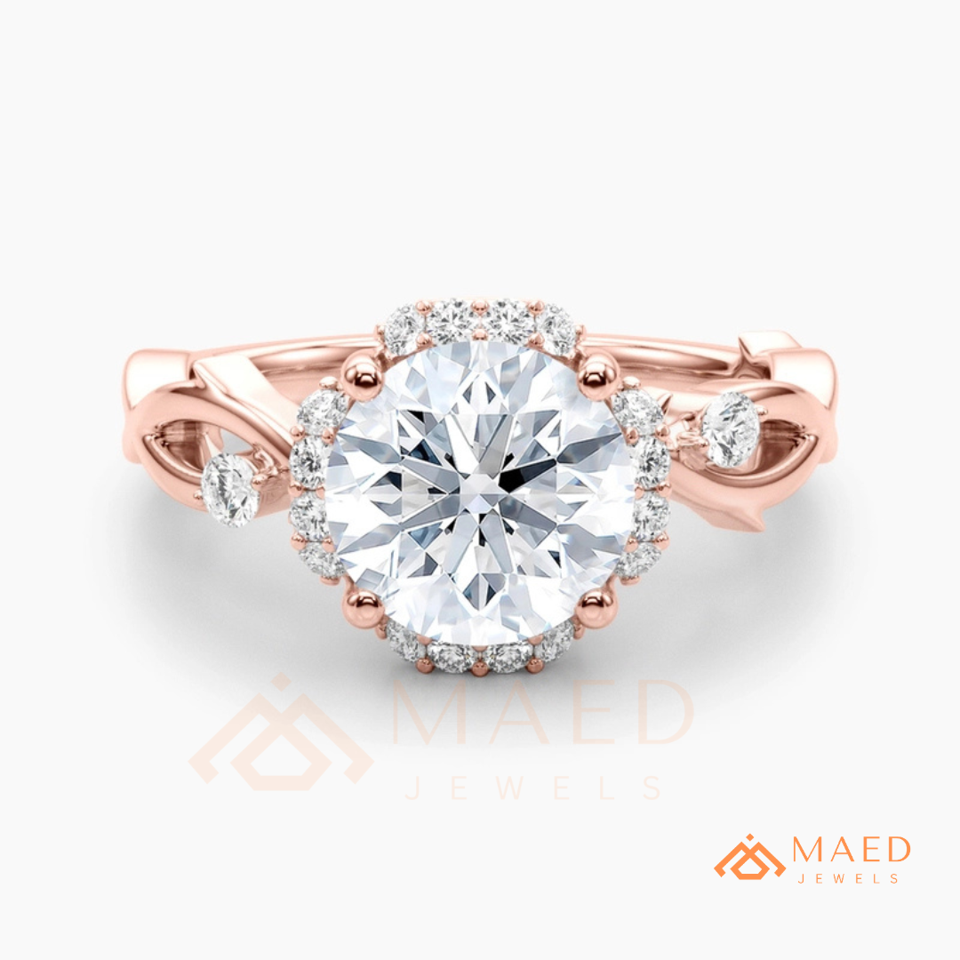 Round Cut Floral Halo Engagement Ring with Twisted Infinty Band in 14K Gold, Rose Gold & Silver