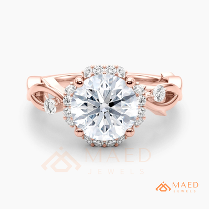 Round Cut Floral Halo Engagement Ring with Twisted Infinty Band in 14K Gold, Rose Gold & Silver