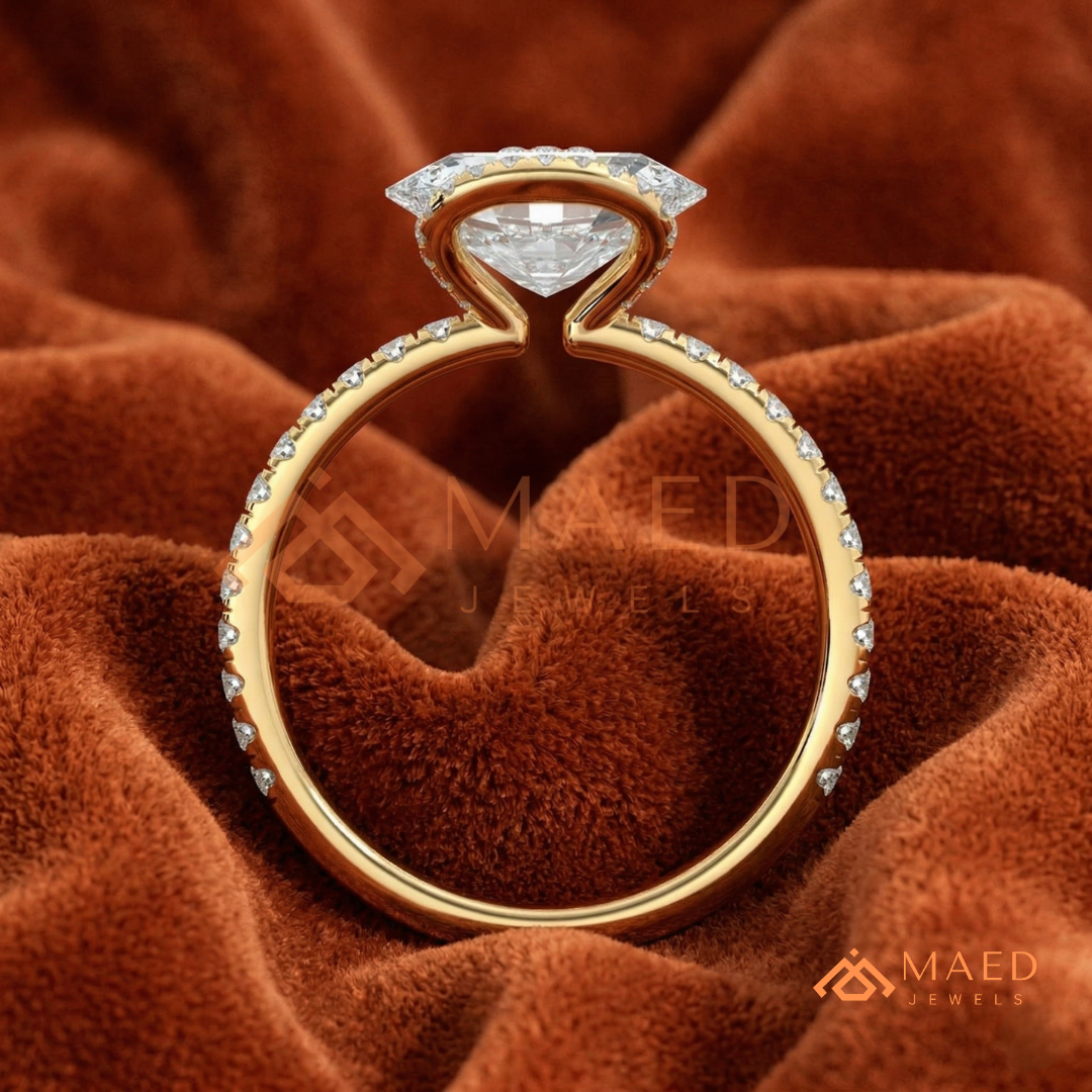 East-West Oval Cut Partial Halo Engagement Ring | 14k Gold, Rose Gold & Sterling Silver Shimmering Accented Band
