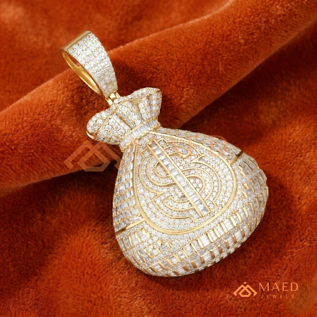 Fully Iced Out Money Bag Pendant – Baguette & Micro Pave Hip Hop Necklace