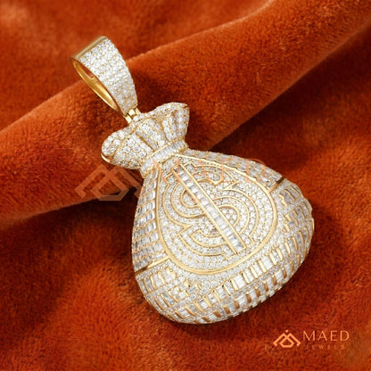 Fully Iced Out Money Bag Pendant – Baguette & Micro Pave Hip Hop Necklace