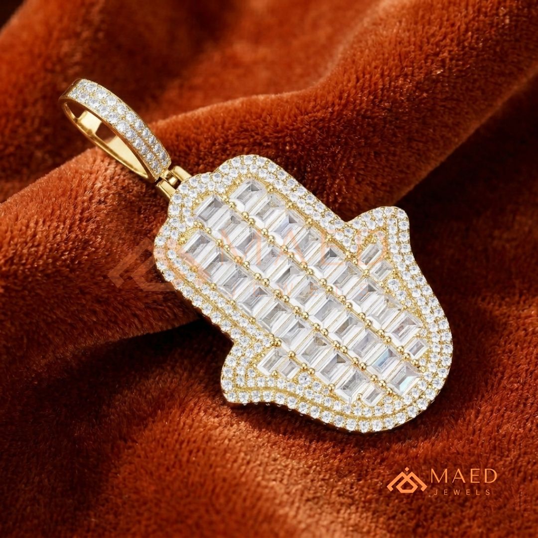 Iced Out Emerald Cut Hamsa Pendant | Sterling Silver, 14K Gold & Rose Gold