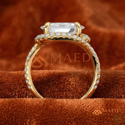 East-West Oval Cut Halo Engagement Ring | Bypass Pavé Band in 14K Gold, Rose Gold & Sterling Silver