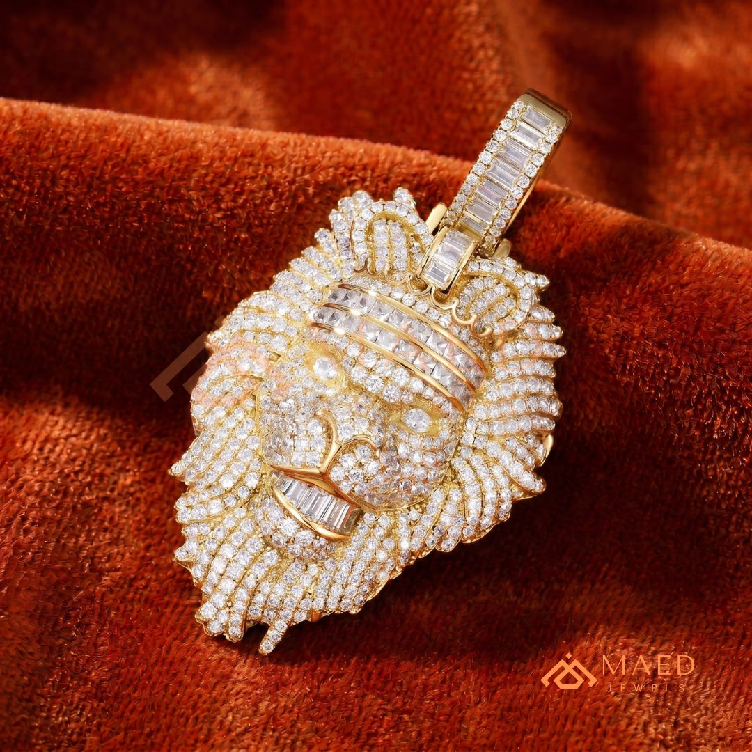 Iced Out King Lion Head Pendant – 14K Gold, Rose Gold & Silver Baguette Crown Hip Hop Charm