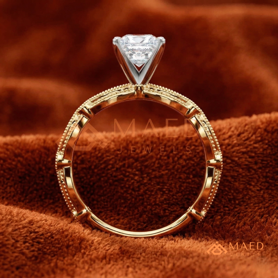 Princess Cut Vintage Engagement Ring in 14K Gold, Rose Gold & Silver | Antique Milgrain Pave Moissanite Ring for Women